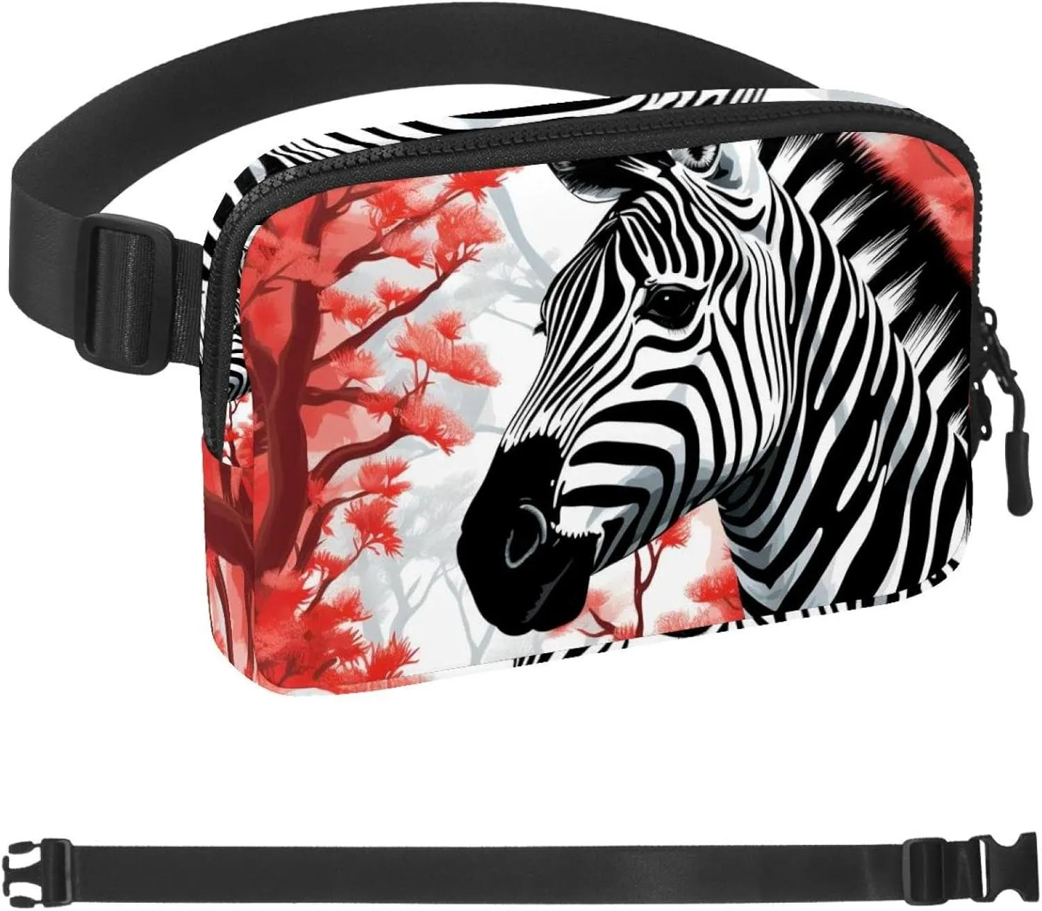 Red Tree Zebra Fanny Packs for Women Men, Crossbody Belt Bag with Zipper Pockets,Waterproof Waist Packs with Adjustable Strap for Workout Running Traveling Hiking