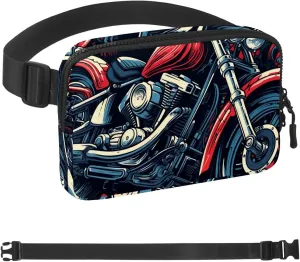 Red Vintage Motorcycle Fanny Packs for Women Men, Crossbody Belt Bag with Zipper Pockets,Waterproof Waist Packs with Adjustable Strap for Workout Running Traveling Hiking