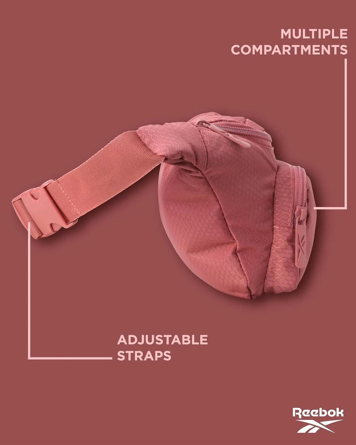 Reebok Fanny Pack - Lightweight Stylish Crossbody Waist Belt Bags for Women and Men with Adjustable Strap, Size One Size, Davis Rose