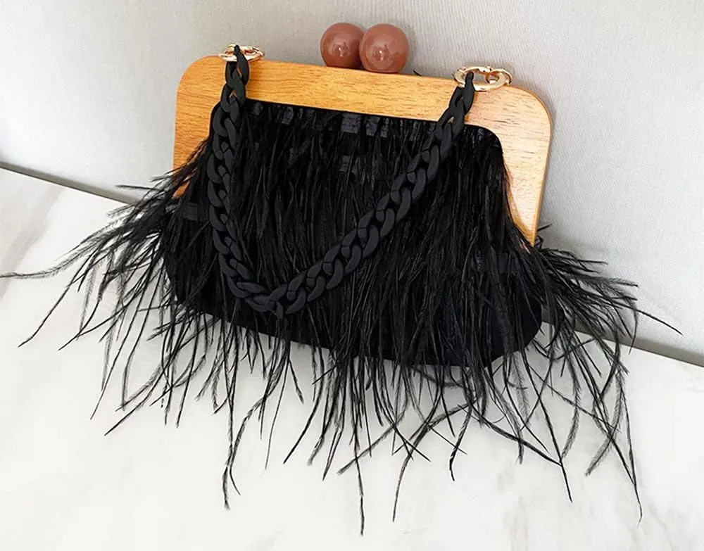 Retro Ostrich Feather Women's Evening Handbags Shell Tassel Party Clutch Purses Tote Bags for Women Party Banquet Prom Black