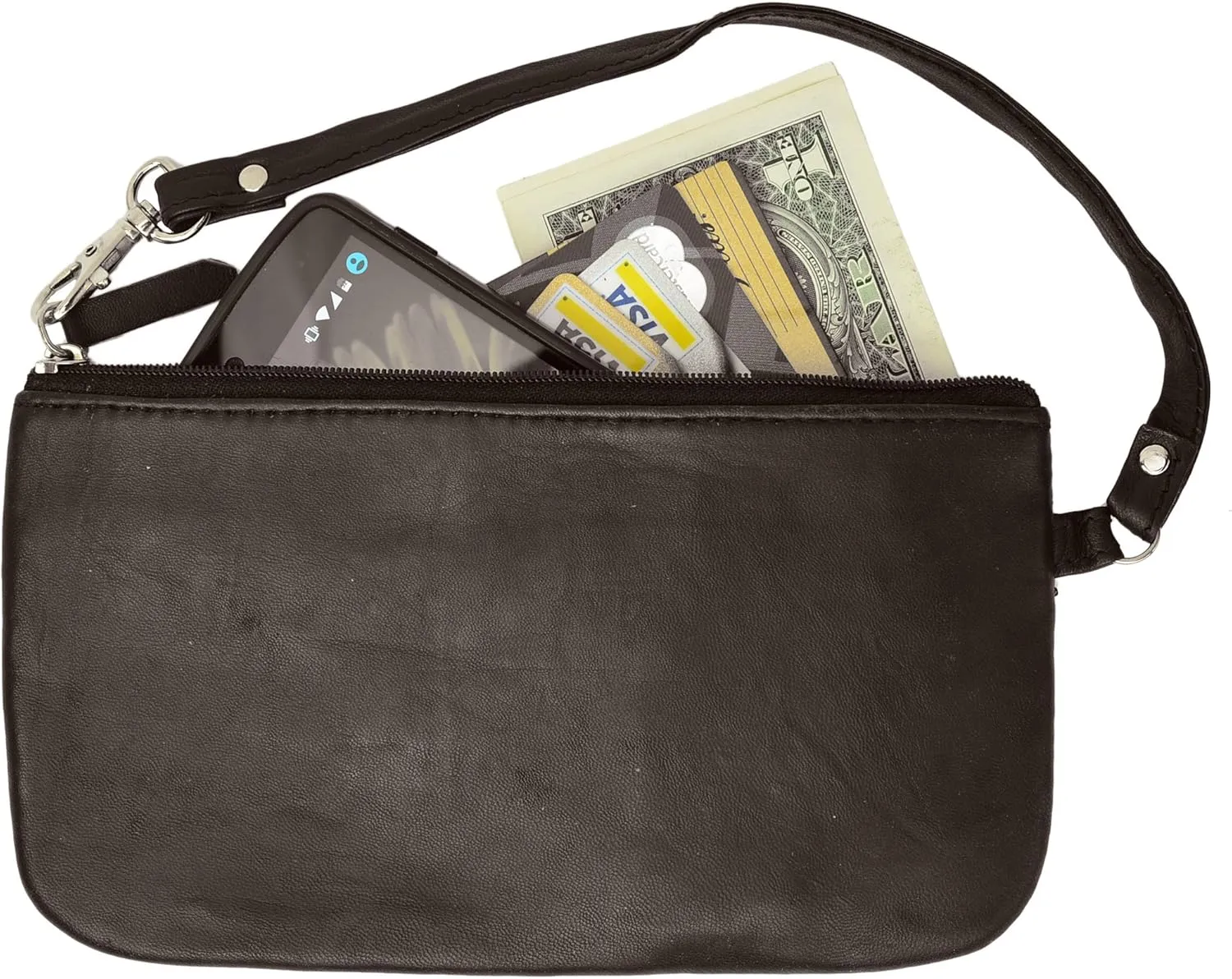 RFID Safe Soft-Sided Premium Leather Zippered Wristlet Wallet.