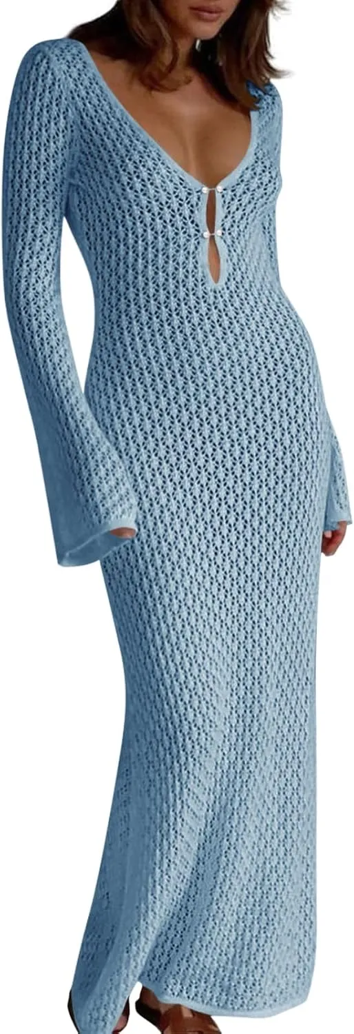 Saodimallsu Womens Crochet Maxi Cover Up Dress Beach Swim Vacation Coverups Long Sleeve Sexy Bodycon Summer Knit Dresses