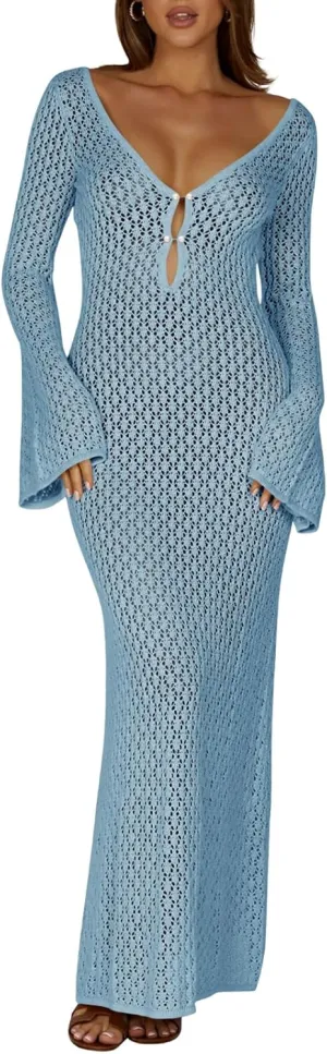Saodimallsu Womens Crochet Maxi Cover Up Dress Beach Swim Vacation Coverups Long Sleeve Sexy Bodycon Summer Knit Dresses