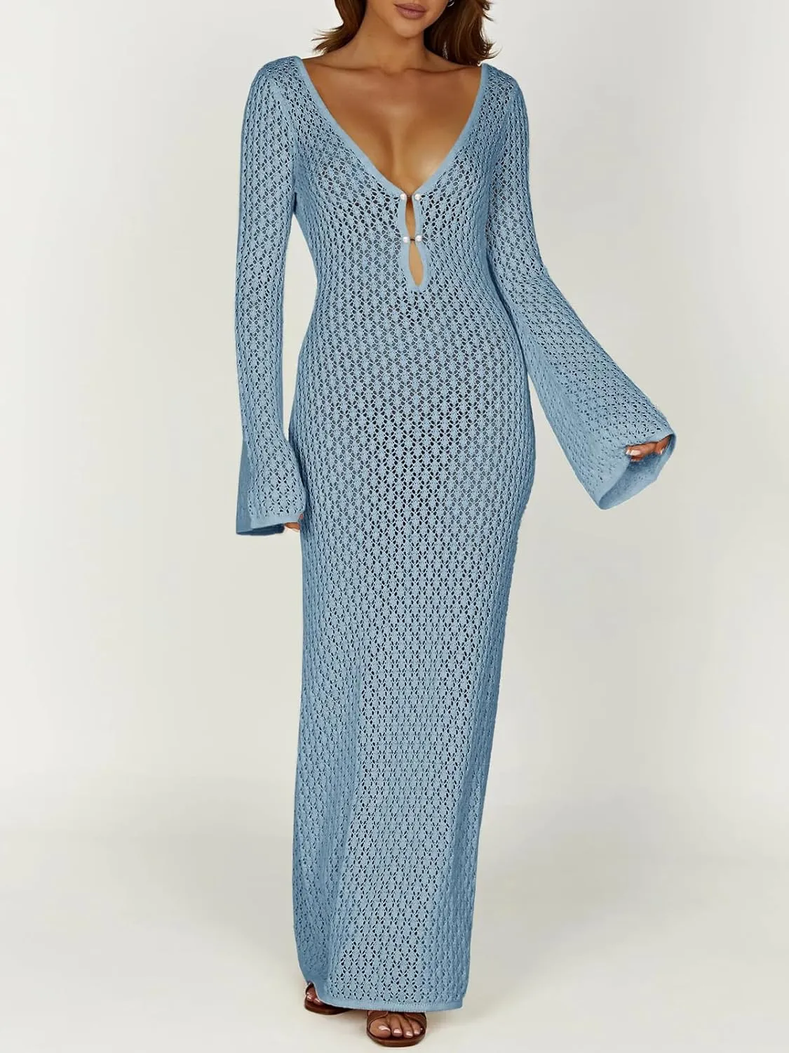 Saodimallsu Womens Crochet Maxi Cover Up Dress Beach Swim Vacation Coverups Long Sleeve Sexy Bodycon Summer Knit Dresses