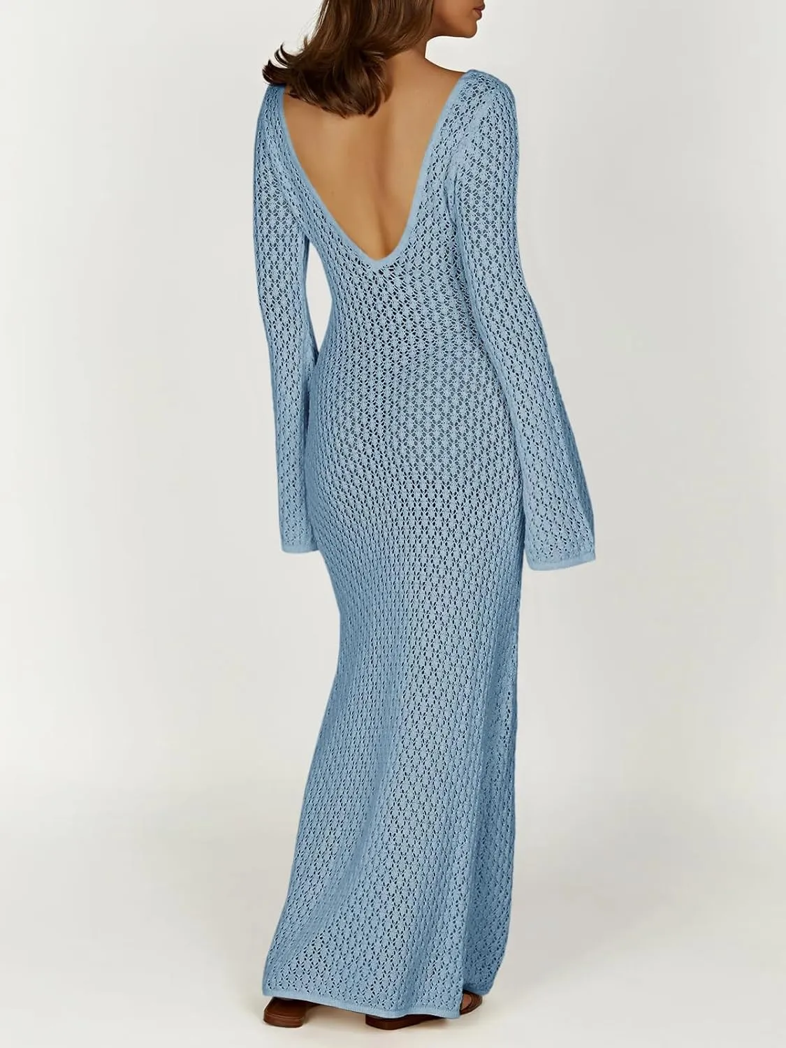 Saodimallsu Womens Crochet Maxi Cover Up Dress Beach Swim Vacation Coverups Long Sleeve Sexy Bodycon Summer Knit Dresses