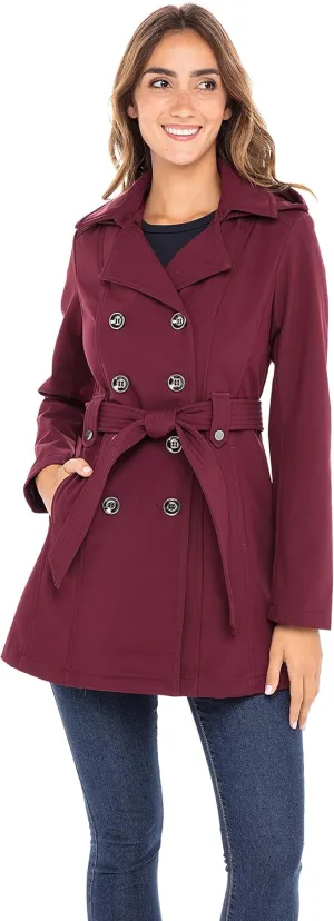 Sebby Collection Women's Soft Shell Trench Coat with Detachable Hood