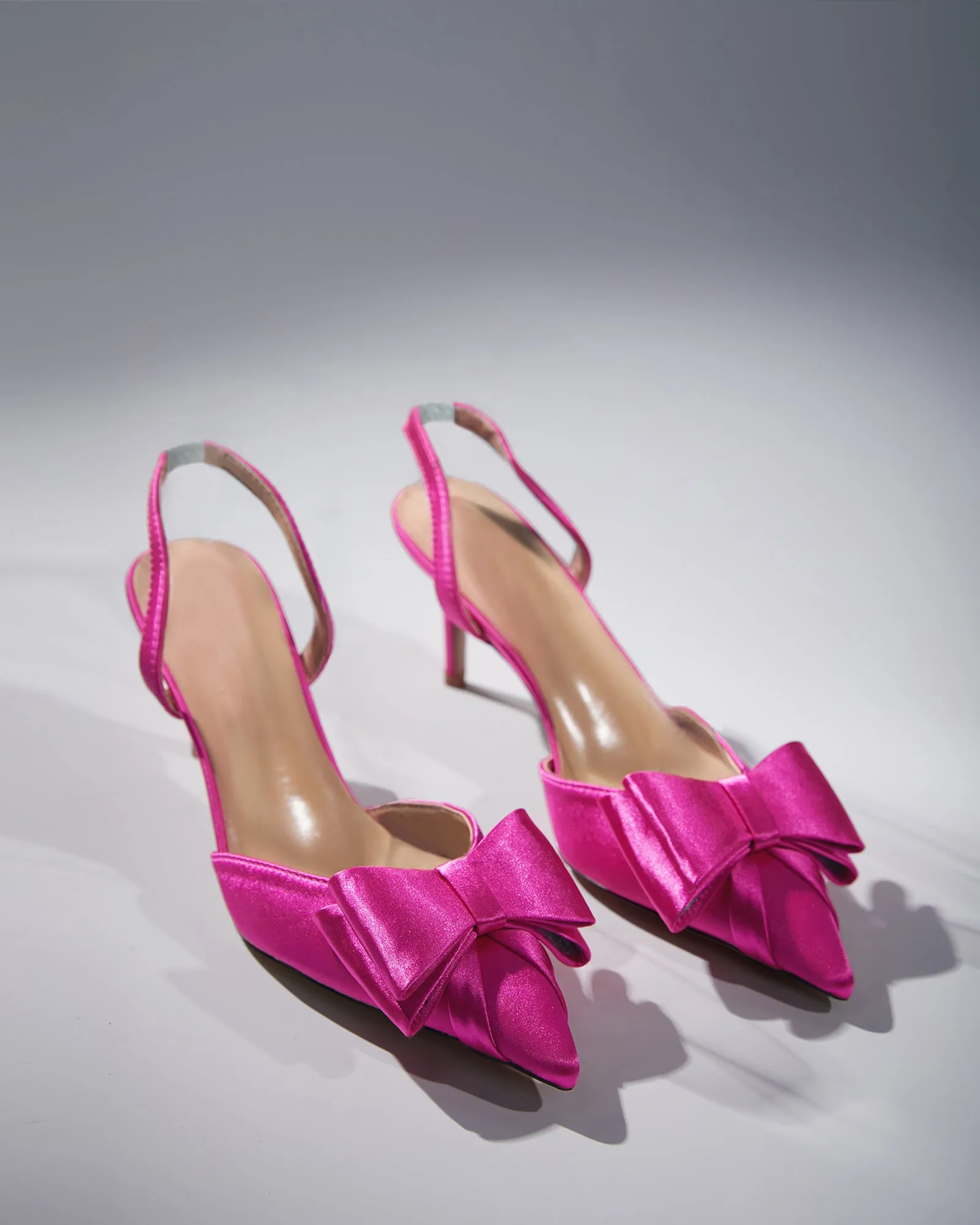Siena Bow Satin Slingback Pumps In Hot Pink