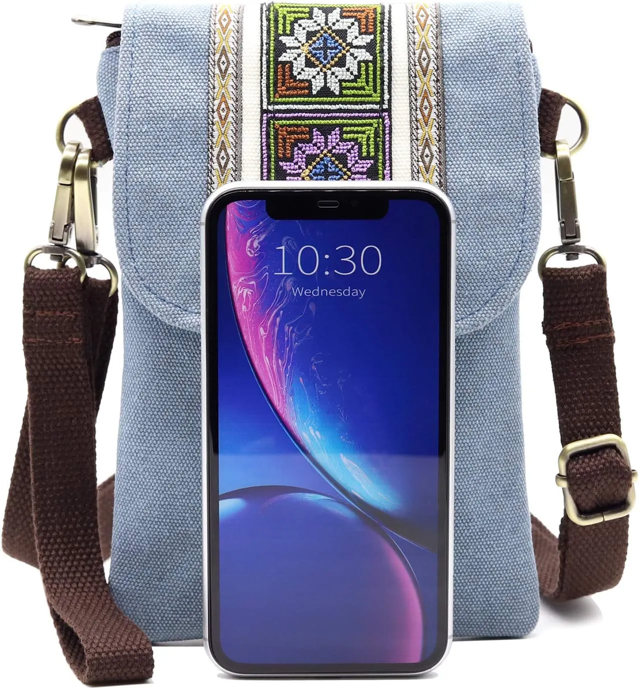 SILKAREA Vintage Embroidered Canvas Flip Small Crossbody Bag Cell Phone Pouch for Women Wristlet Wallet Bag Coin Purse