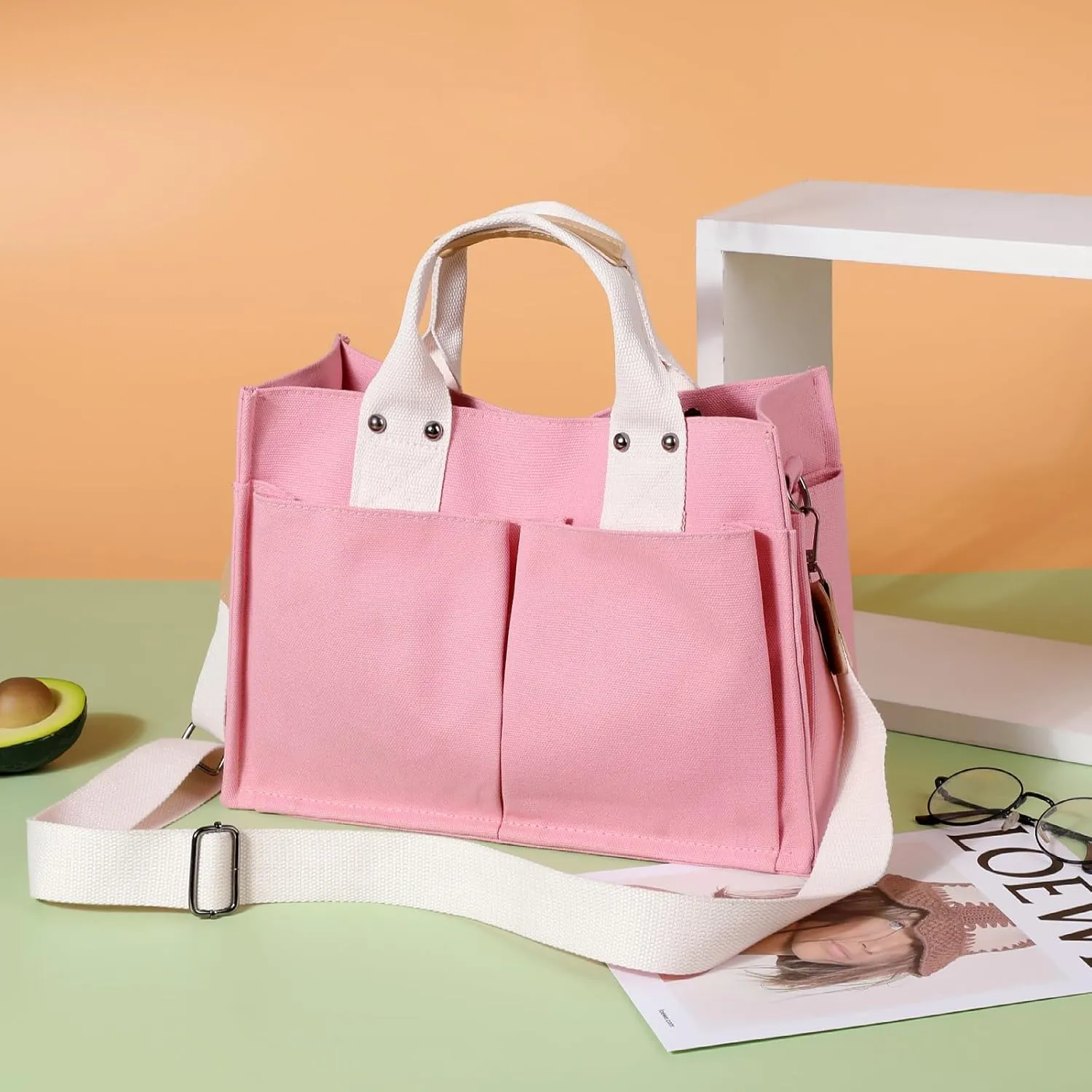 Simple and Fashionable Multi Pocket Canvas Tote Bags for Women