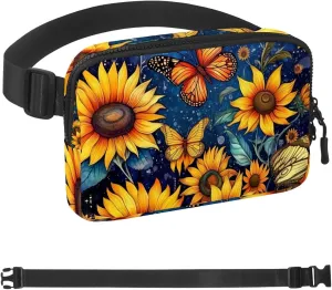 Stars Sunflower Butterfly Fanny Packs for Women Men, Crossbody Belt Bag with Zipper Pockets,Waterproof Waist Packs with Adjustable Strap for Workout Running Traveling Hiking