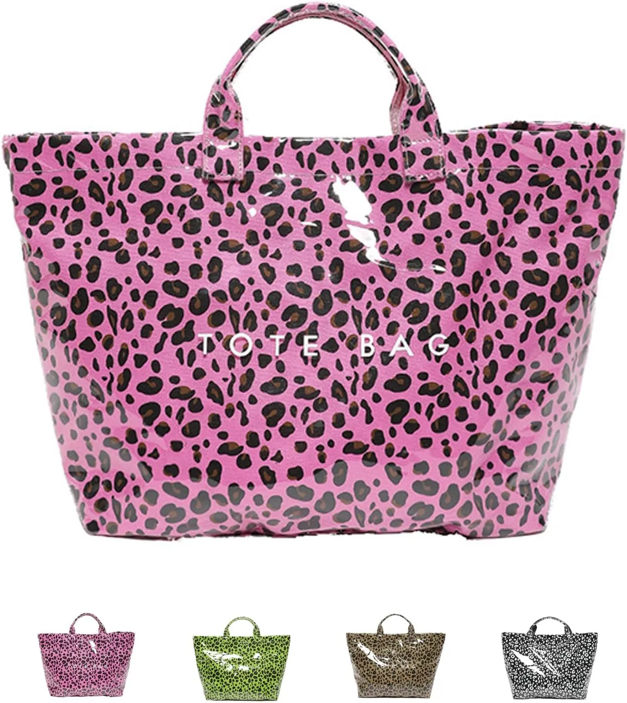Stellaya Tote Bag Leopard, PVC Letters Plastic Tote Bags, Retro Large Kraft Paper Animal Cheetah Print Handbag
