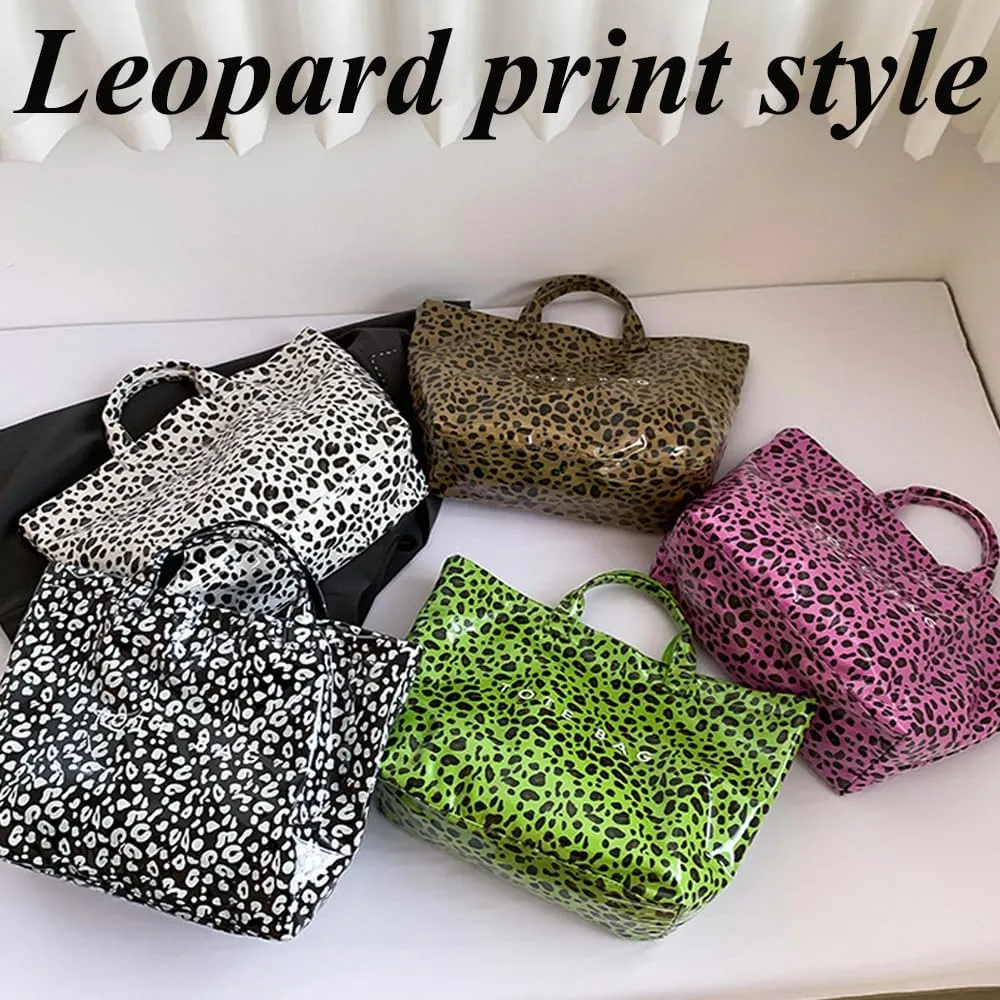 Stellaya Tote Bag Leopard, PVC Letters Plastic Tote Bags, Retro Large Kraft Paper Animal Cheetah Print Handbag