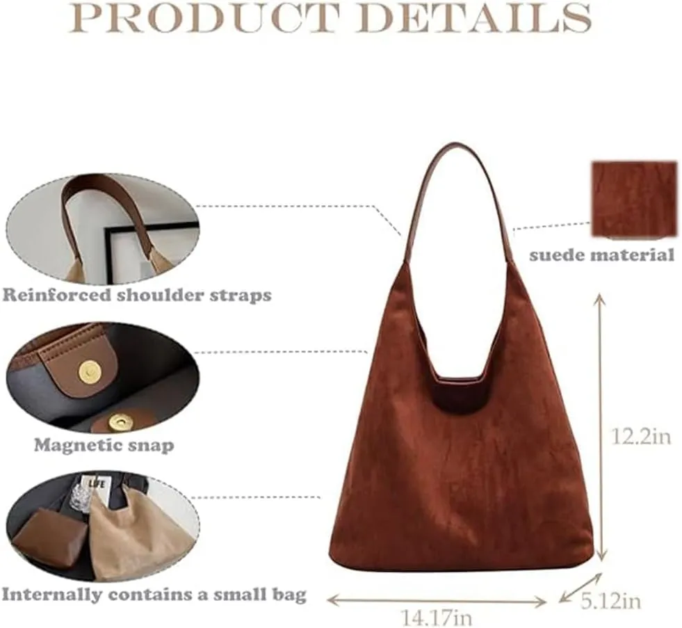 Suede Bag for Women - Brown Handbag Tote Hobo Purse