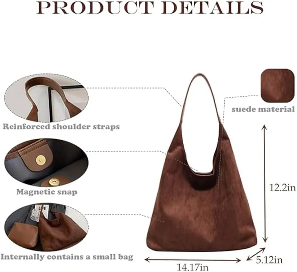 Suede Bag for Women - Brown Handbag Tote Hobo Purse