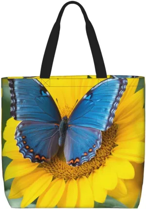 Sunflower Blue Butterfly Tote Bag for Women Hobo Handbags with Zipper Large Shoulder Bag Shopping Bags Travel Purse