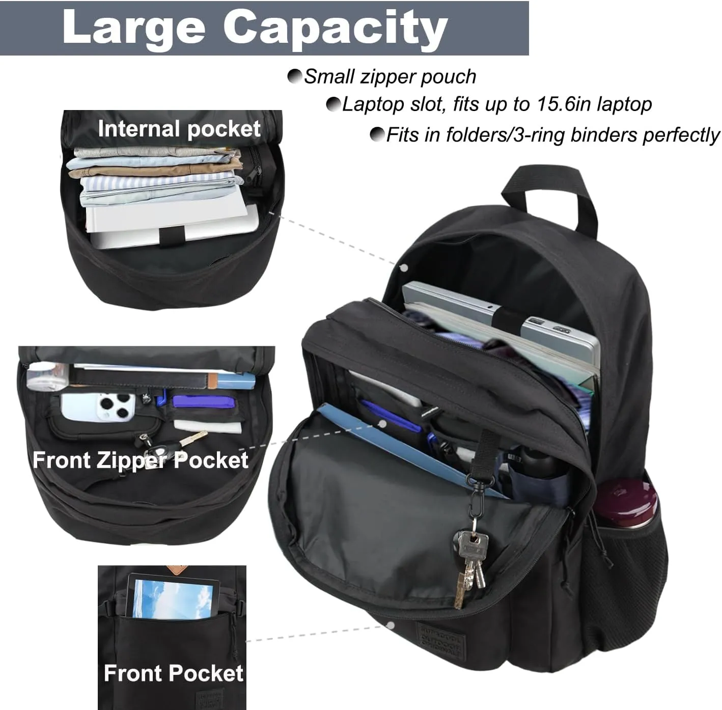 SUPACOOL Black Backpack For School, Bookbag for Boys, Girls and Kids, Boys backpacks, Laptop Compartment,Travel Backpack for Men and Women(Black)
