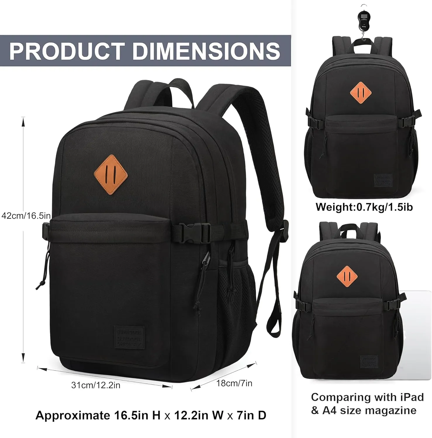 SUPACOOL Black Backpack For School, Bookbag for Boys, Girls and Kids, Boys backpacks, Laptop Compartment,Travel Backpack for Men and Women(Black)