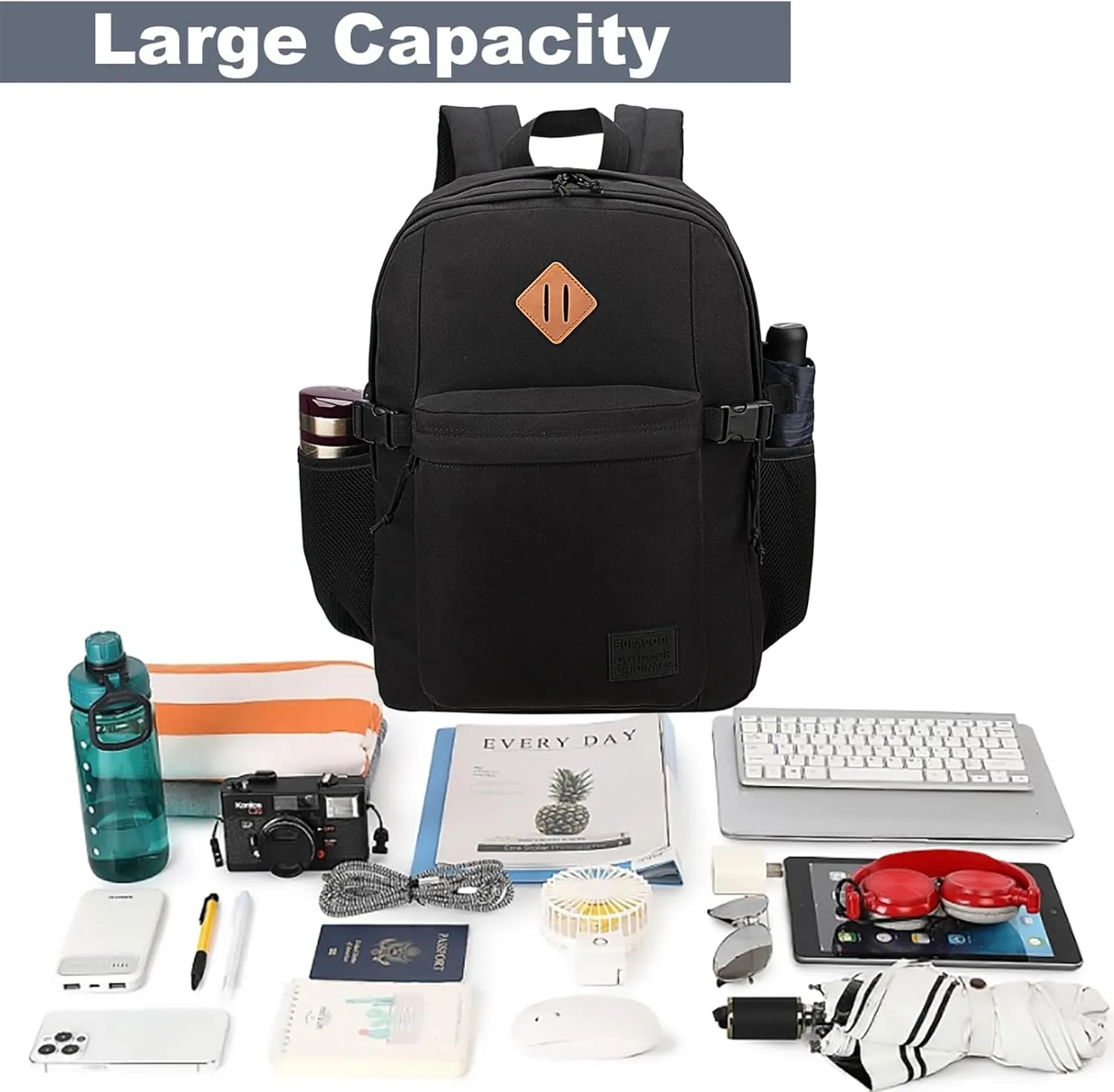 SUPACOOL Black Backpack For School, Bookbag for Boys, Girls and Kids, Boys backpacks, Laptop Compartment,Travel Backpack for Men and Women(Black)