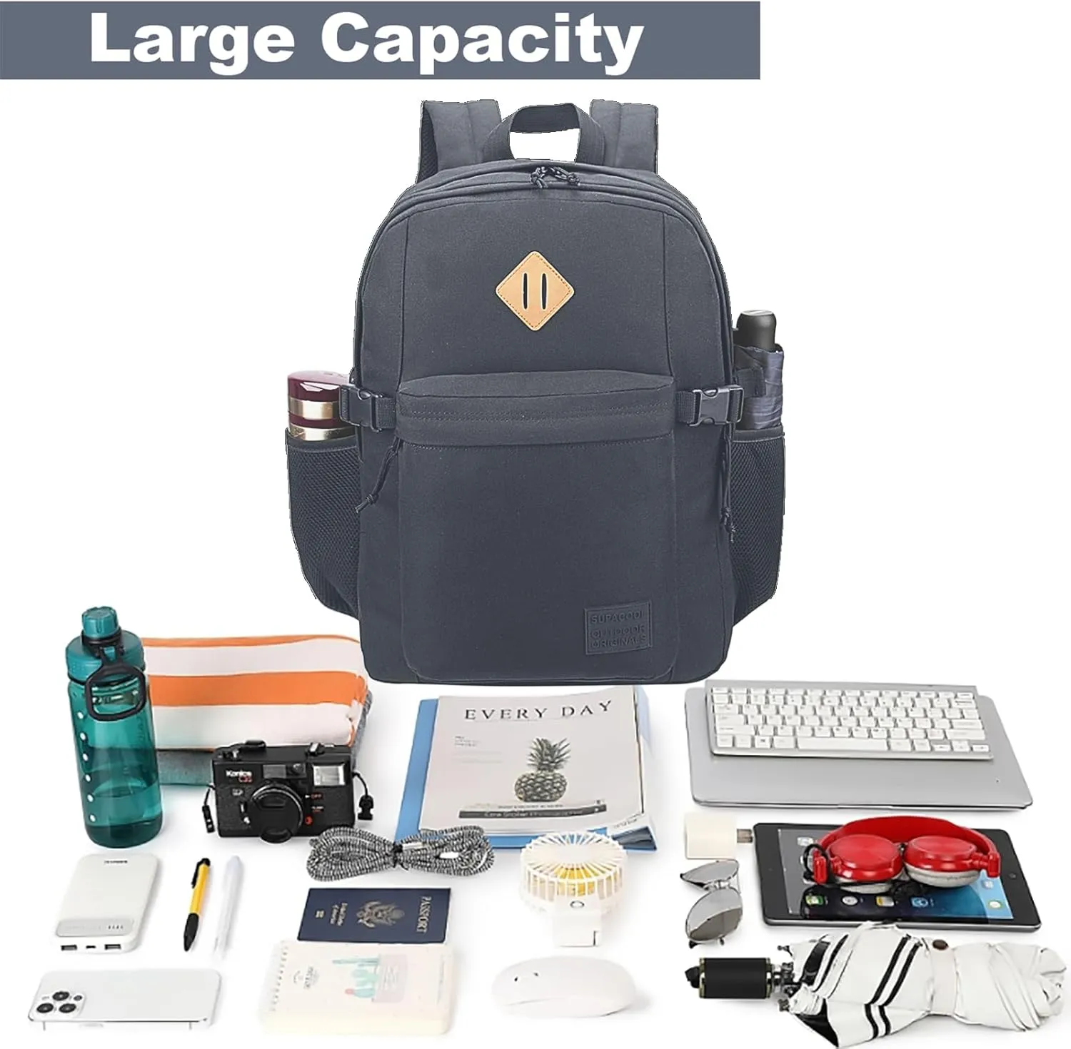 SUPACOOL Casual Backpack For School, Classical Travel Backpack for Men and Women, Bookbag for Boys, Girls and Kids, Laptop Compartment(Dark Grey)