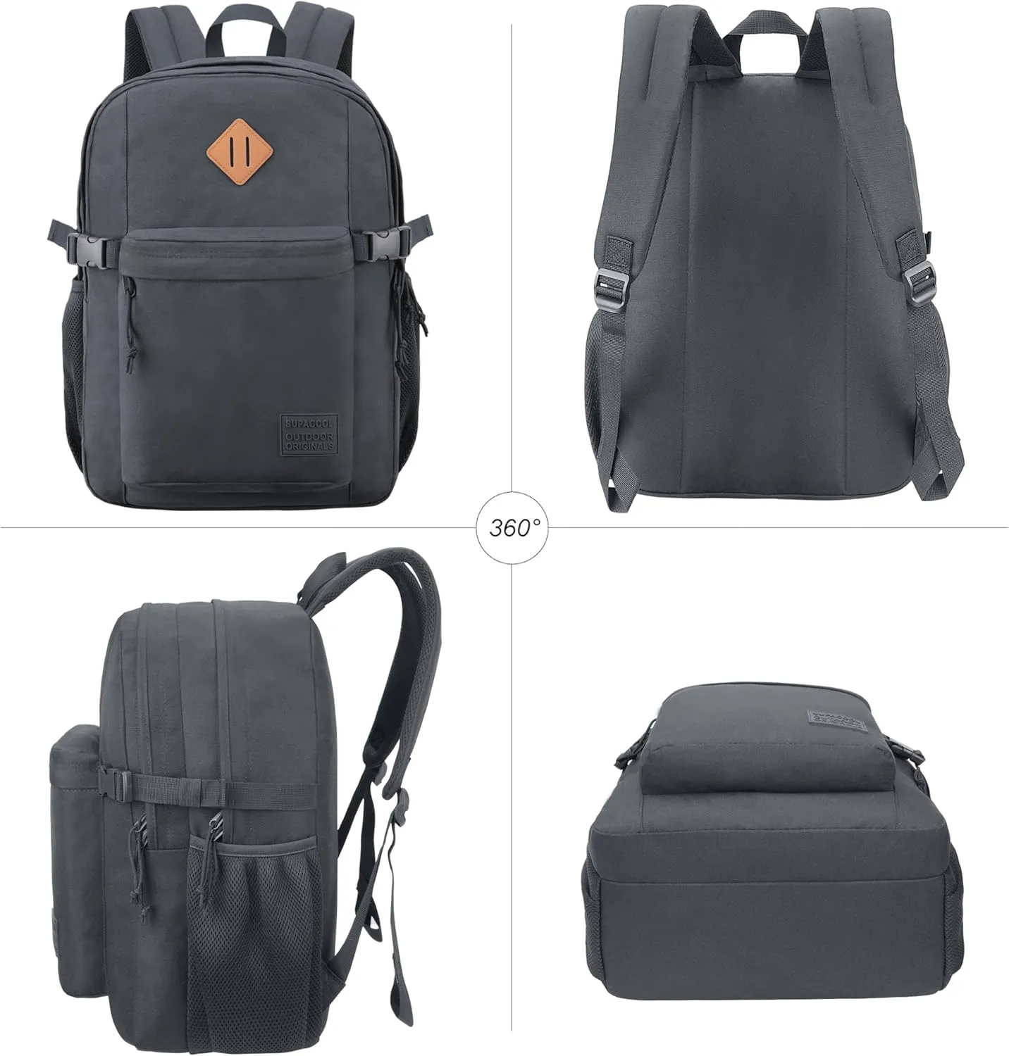 SUPACOOL Casual Backpack For School, Classical Travel Backpack for Men and Women, Bookbag for Boys, Girls and Kids, Laptop Compartment(Dark Grey)