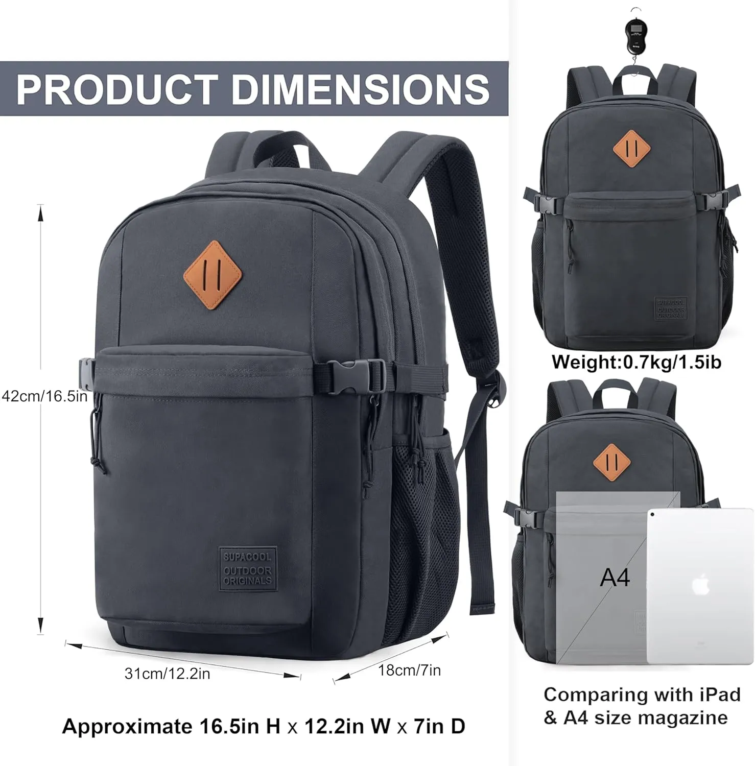 SUPACOOL Casual Backpack For School, Classical Travel Backpack for Men and Women, Bookbag for Boys, Girls and Kids, Laptop Compartment(Dark Grey)