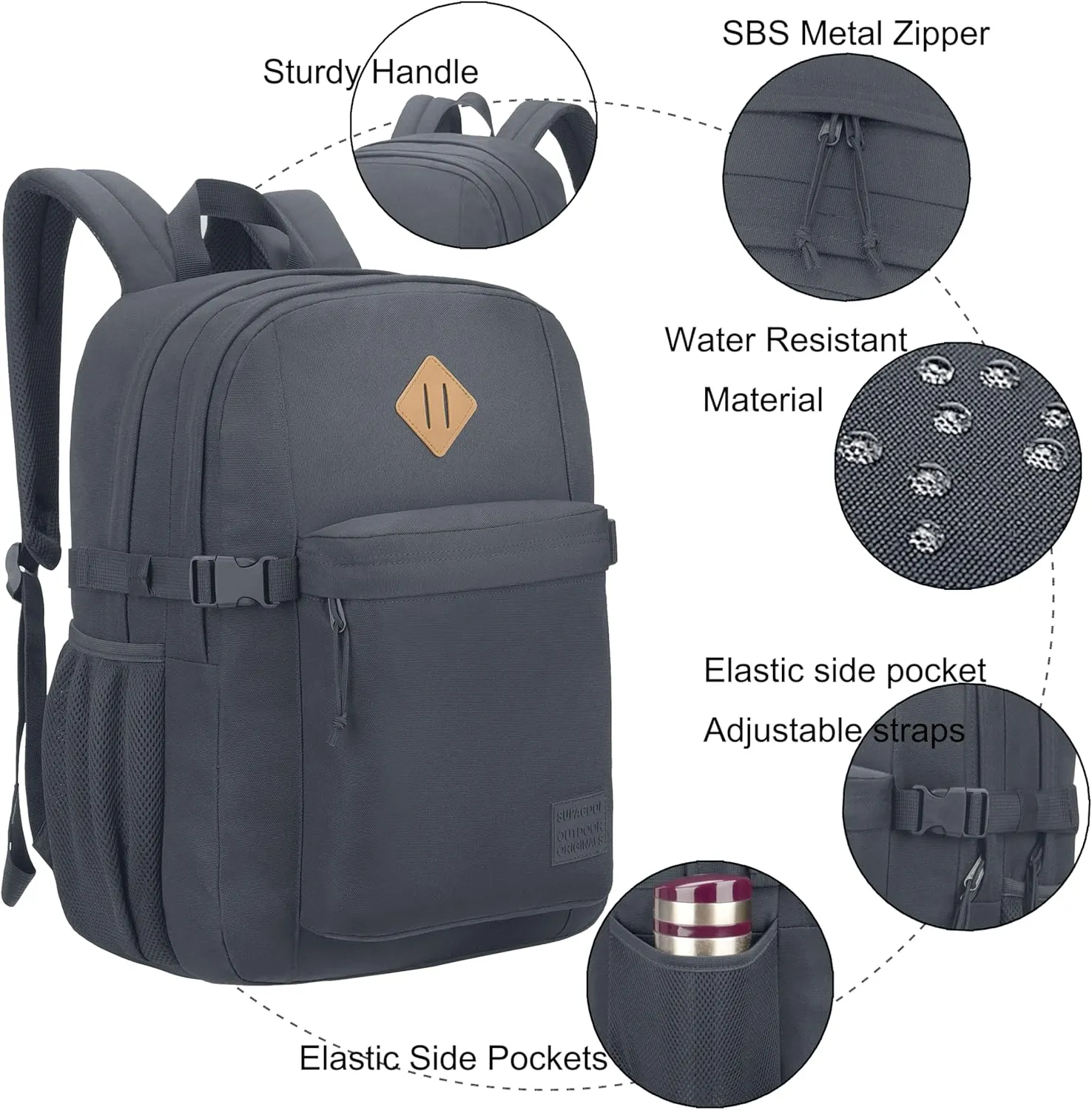 SUPACOOL Casual Backpack For School, Classical Travel Backpack for Men and Women, Bookbag for Boys, Girls and Kids, Laptop Compartment(Dark Grey)