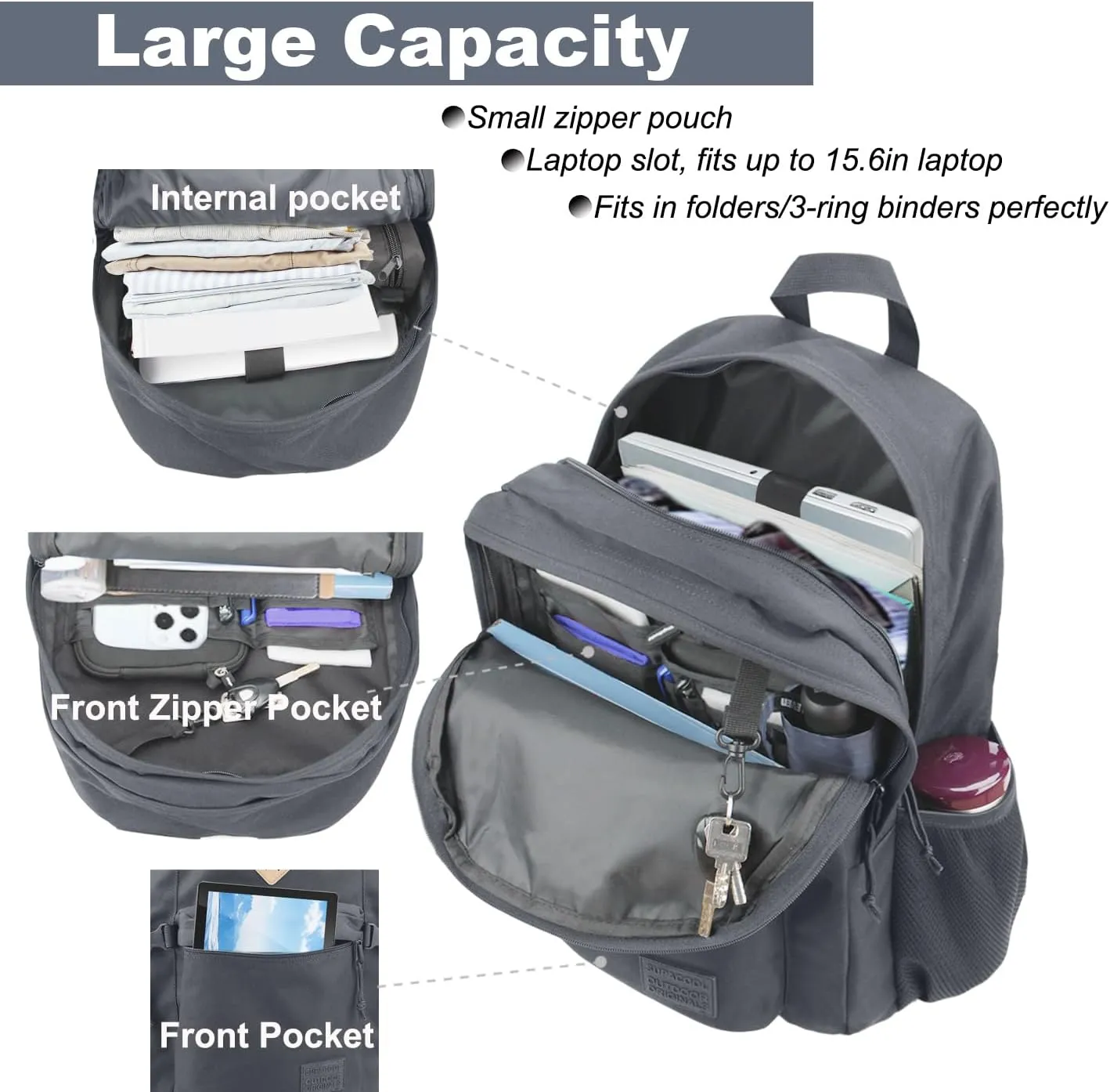 SUPACOOL Casual Backpack For School, Classical Travel Backpack for Men and Women, Bookbag for Boys, Girls and Kids, Laptop Compartment(Dark Grey)