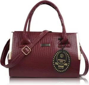 Synthetic Leather Classic Trendy Travel Satchel Shoulder Hobo Crossbody Women Handbag, Maroon, M