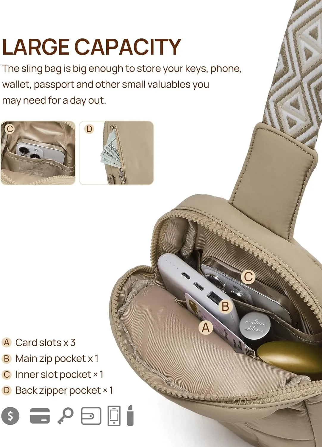 Telena Crossbody Bags for Women Quilted Puffer Cross Body Sling Bag Khaki