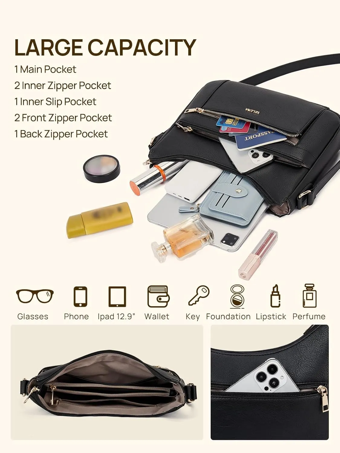 Telena Crossbody Bags for Women Trendy Vegan Leather Purse Shoulder Bag Hobo Bucket Large Capacity