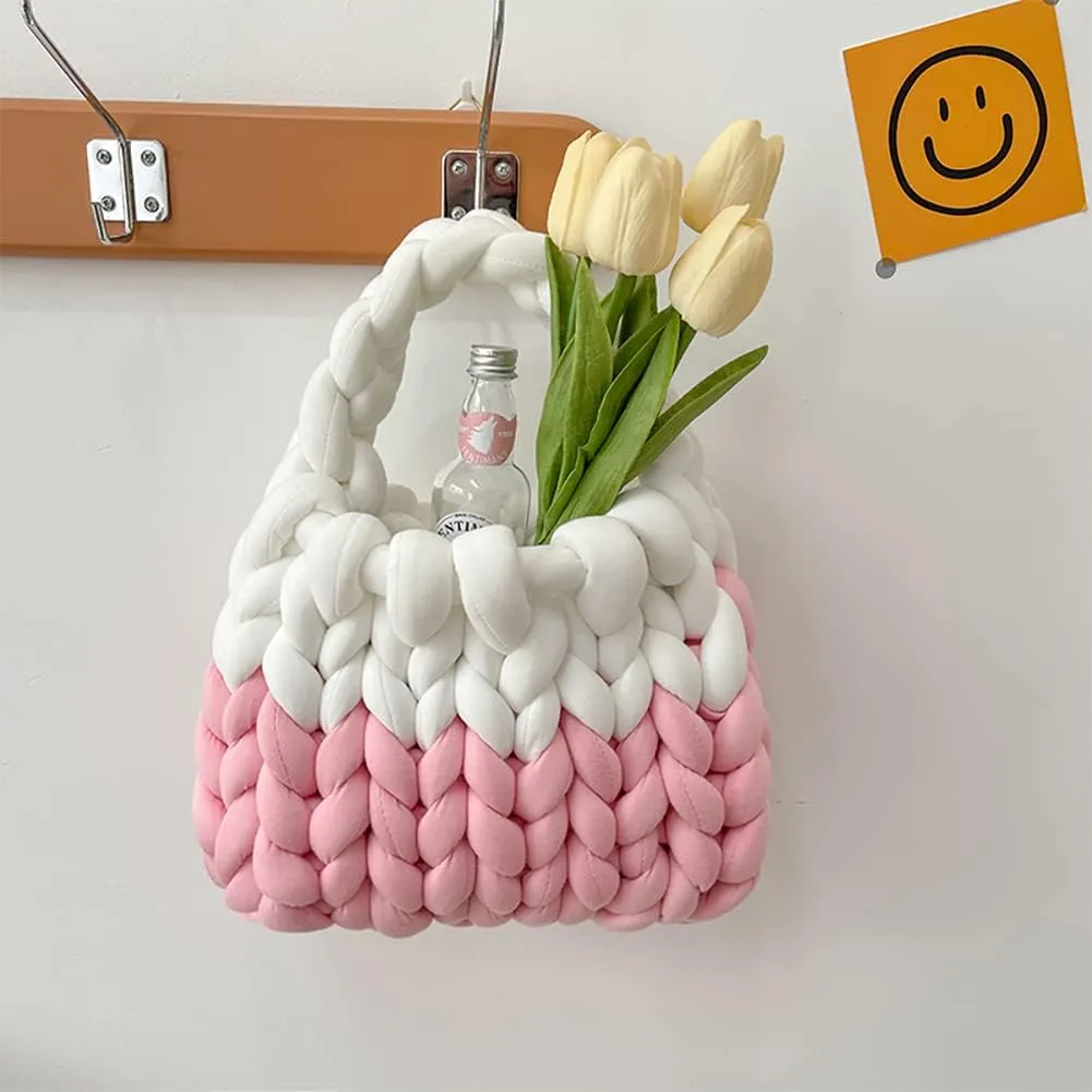 Thick Cotton Wool Woven Handbag, Handmade Coarse Wool Knitted Bucket Bag, Diy Cool Purse,Casual Soft Shoulder