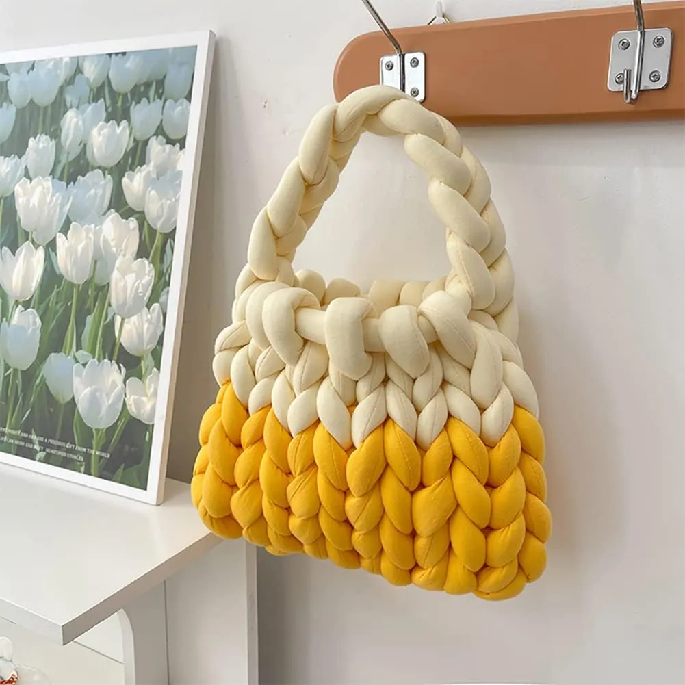 Thick Cotton Wool Woven Handbag, Handmade Coarse Wool Knitted Bucket Bag, Diy Cool Purse,Casual Soft Shoulder
