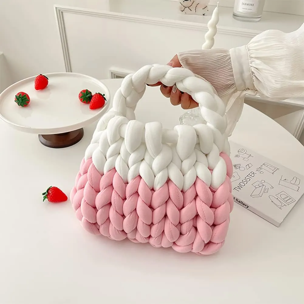 Thick Cotton Wool Woven Handbag, Handmade Coarse Wool Knitted Bucket Bag, Diy Cool Purse,Casual Soft Shoulder