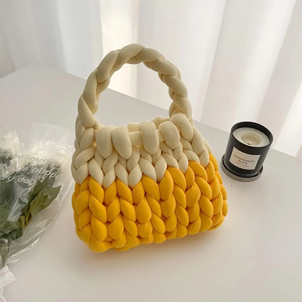Thick Cotton Wool Woven Handbag, Handmade Coarse Wool Knitted Bucket Bag, Diy Cool Purse,Casual Soft Shoulder