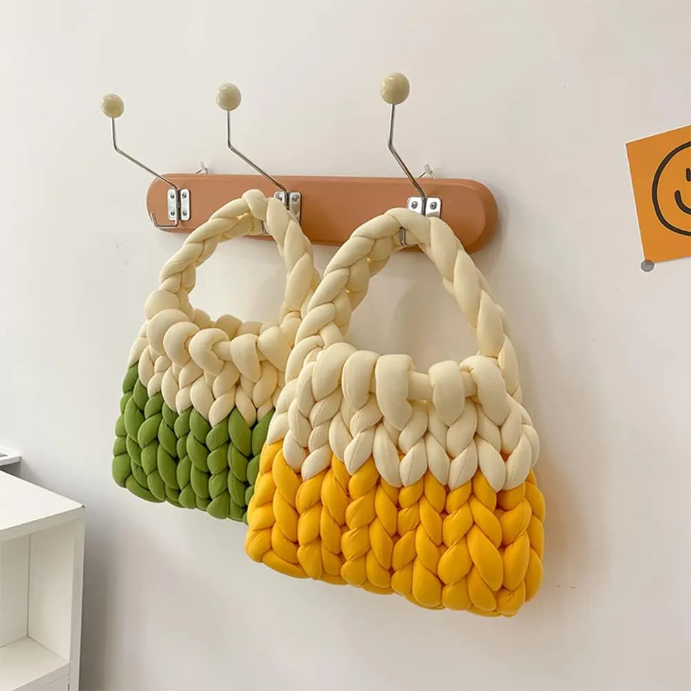 Thick Cotton Wool Woven Handbag, Handmade Coarse Wool Knitted Bucket Bag, Diy Cool Purse,Casual Soft Shoulder