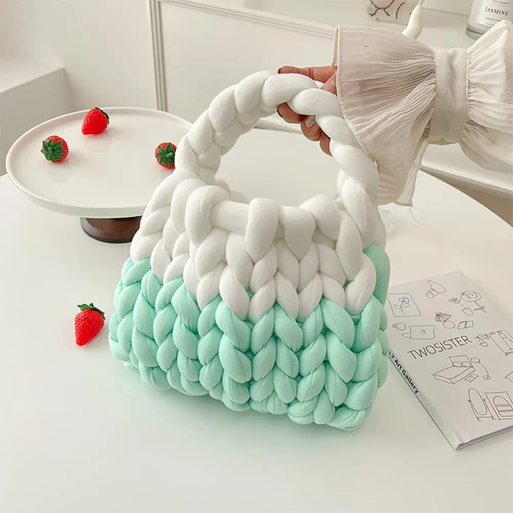 Thick Cotton Wool Woven Handbag, Handmade Coarse Wool Knitted Bucket Bag, Diy Cool Purse,Casual Soft Shoulder