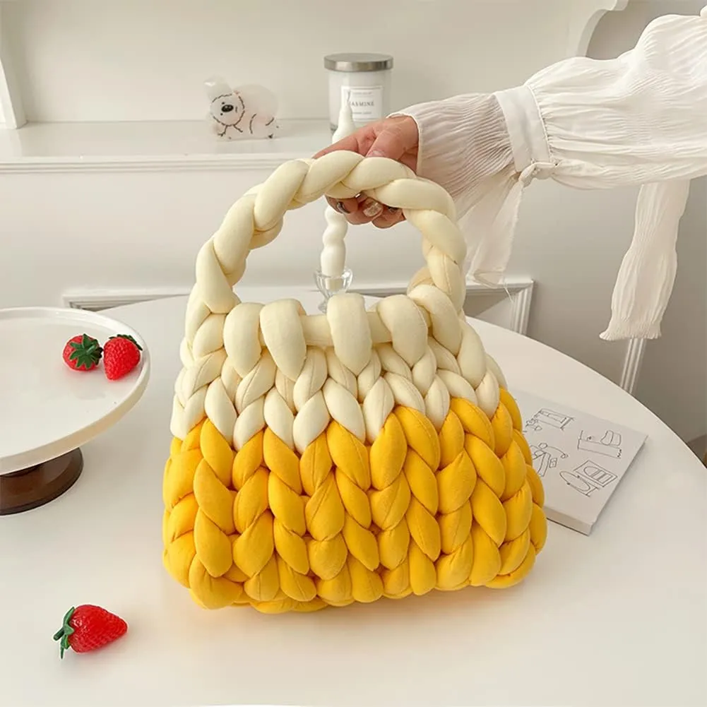 Thick Cotton Wool Woven Handbag, Handmade Coarse Wool Knitted Bucket Bag, Diy Cool Purse,Casual Soft Shoulder