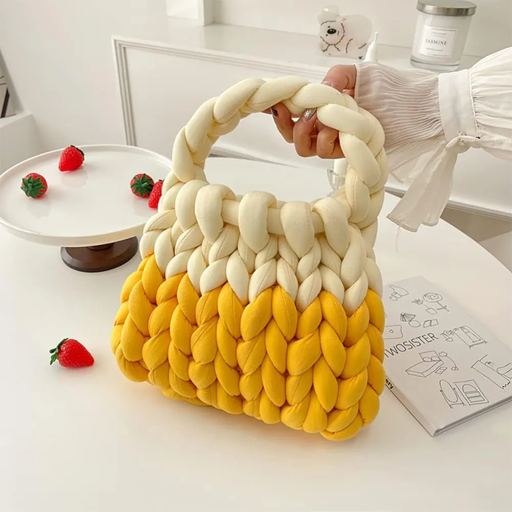 Thick Cotton Wool Woven Handbag, Handmade Coarse Wool Knitted Bucket Bag, Diy Cool Purse,Casual Soft Shoulder