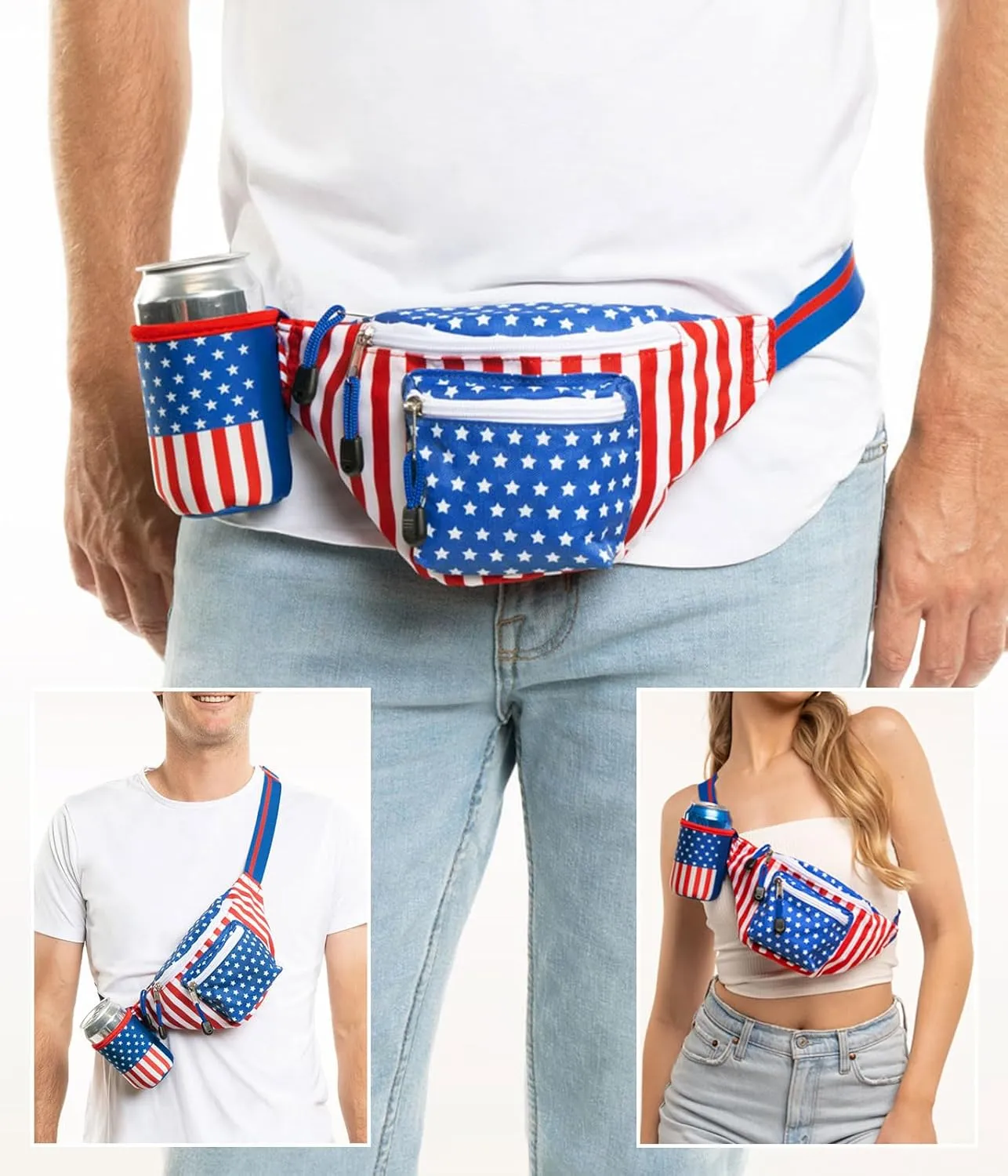 Tipsy Elves American Flag Fanny Pack With Detachable Can Cooler - USA Fanny Pack - Flexible Secure Attached Drink Holster Adjustable Strap Waist Belt (Red White Blue)