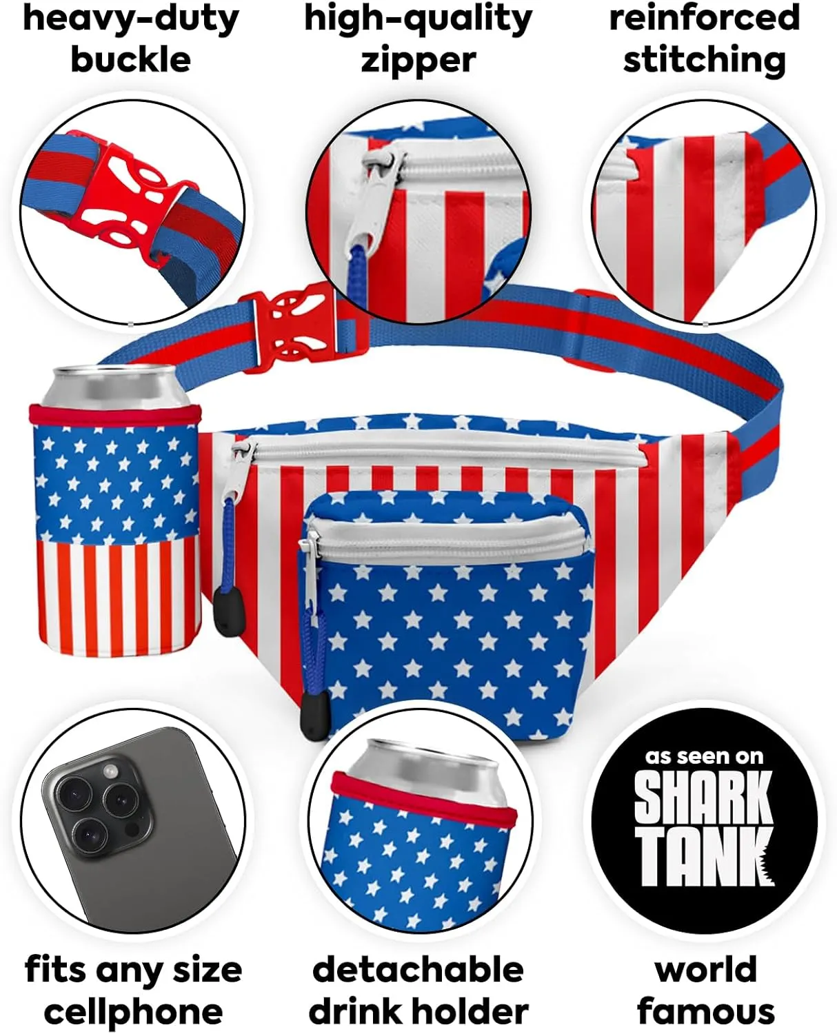 Tipsy Elves American Flag Fanny Pack With Detachable Can Cooler - USA Fanny Pack - Flexible Secure Attached Drink Holster Adjustable Strap Waist Belt (Red White Blue)