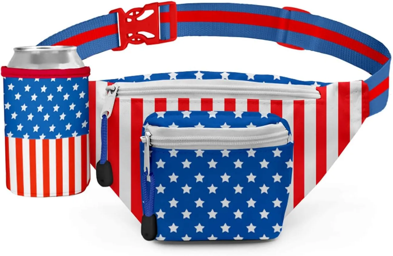 Tipsy Elves American Flag Fanny Pack With Detachable Can Cooler - USA Fanny Pack - Flexible Secure Attached Drink Holster Adjustable Strap Waist Belt (Red White Blue)