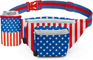 Tipsy Elves American Flag Fanny Pack With Detachable Can Cooler - USA Fanny Pack - Flexible Secure Attached Drink Holster Adjustable Strap Waist Belt (Red White Blue)