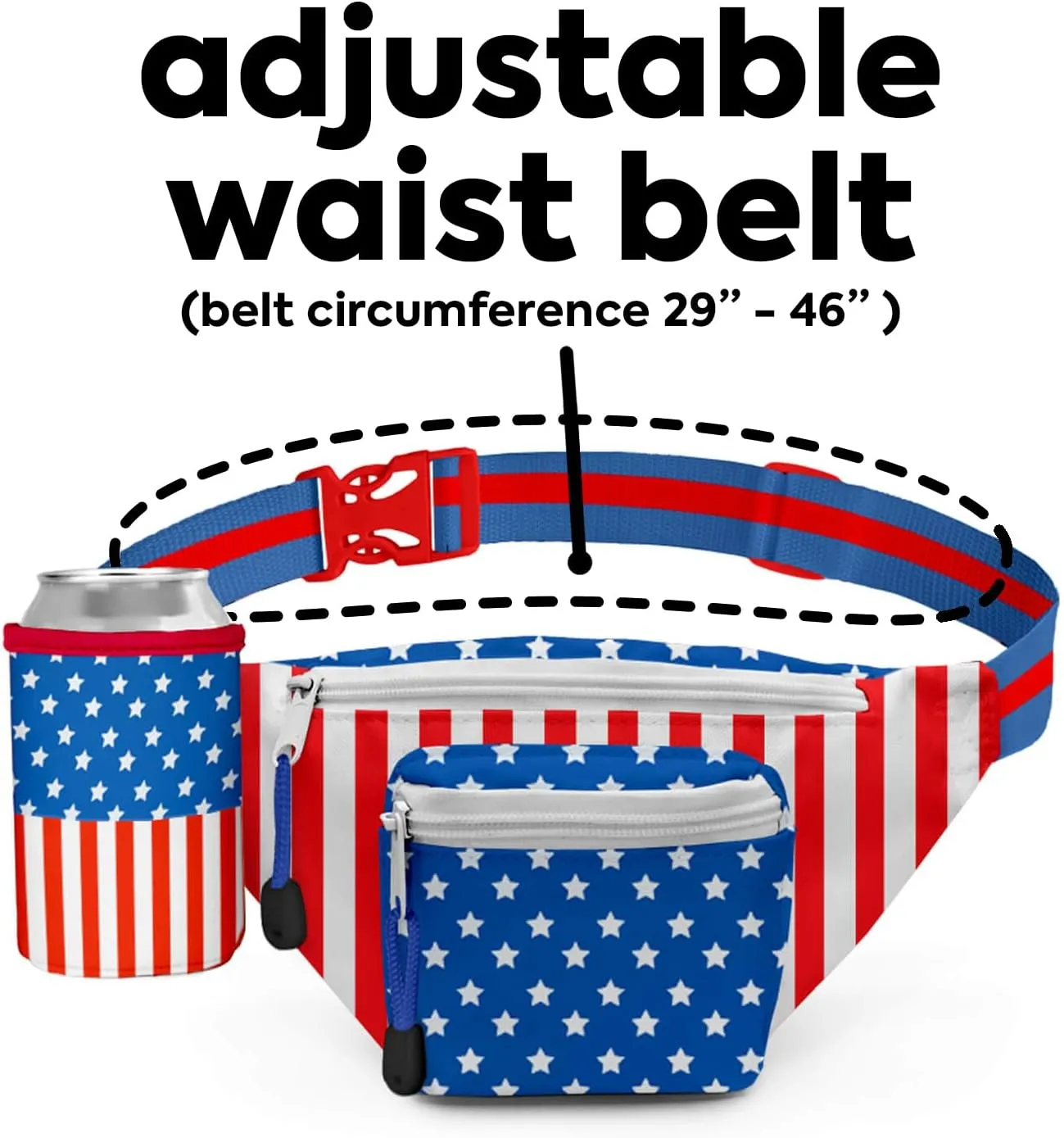 Tipsy Elves American Flag Fanny Pack With Detachable Can Cooler - USA Fanny Pack - Flexible Secure Attached Drink Holster Adjustable Strap Waist Belt (Red White Blue)