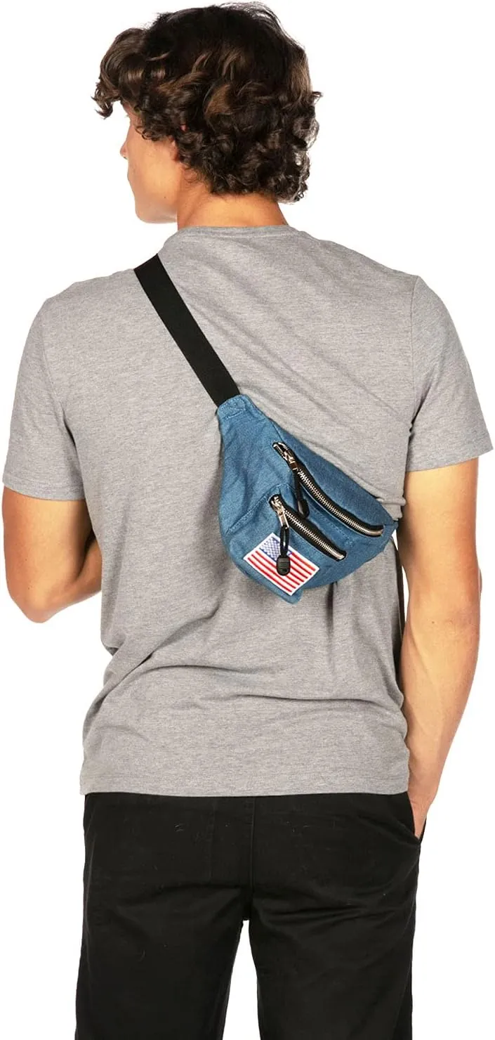 Tipsy Elves USA Patriotic Blue Jean Buckle Fanny Pack with Detachable Drink Carrier - Classic American Fanny Pack - 3 Zipper Pockets Secure Storage July 4th BBQs Beach Parties Phones Wallets (Blue)