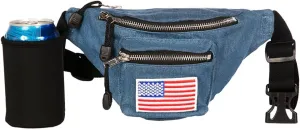Tipsy Elves USA Patriotic Blue Jean Buckle Fanny Pack with Detachable Drink Carrier - Classic American Fanny Pack - 3 Zipper Pockets Secure Storage July 4th BBQs Beach Parties Phones Wallets (Blue)