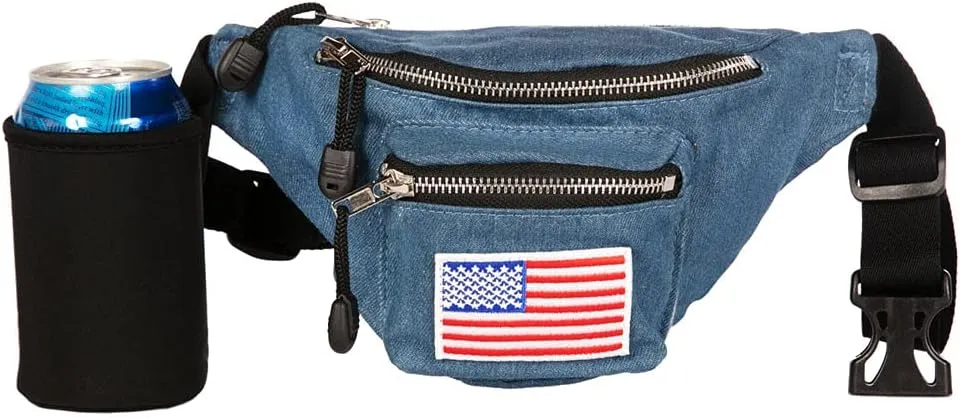 Tipsy Elves USA Patriotic Blue Jean Buckle Fanny Pack with Detachable Drink Carrier - Classic American Fanny Pack - 3 Zipper Pockets Secure Storage July 4th BBQs Beach Parties Phones Wallets (Blue)