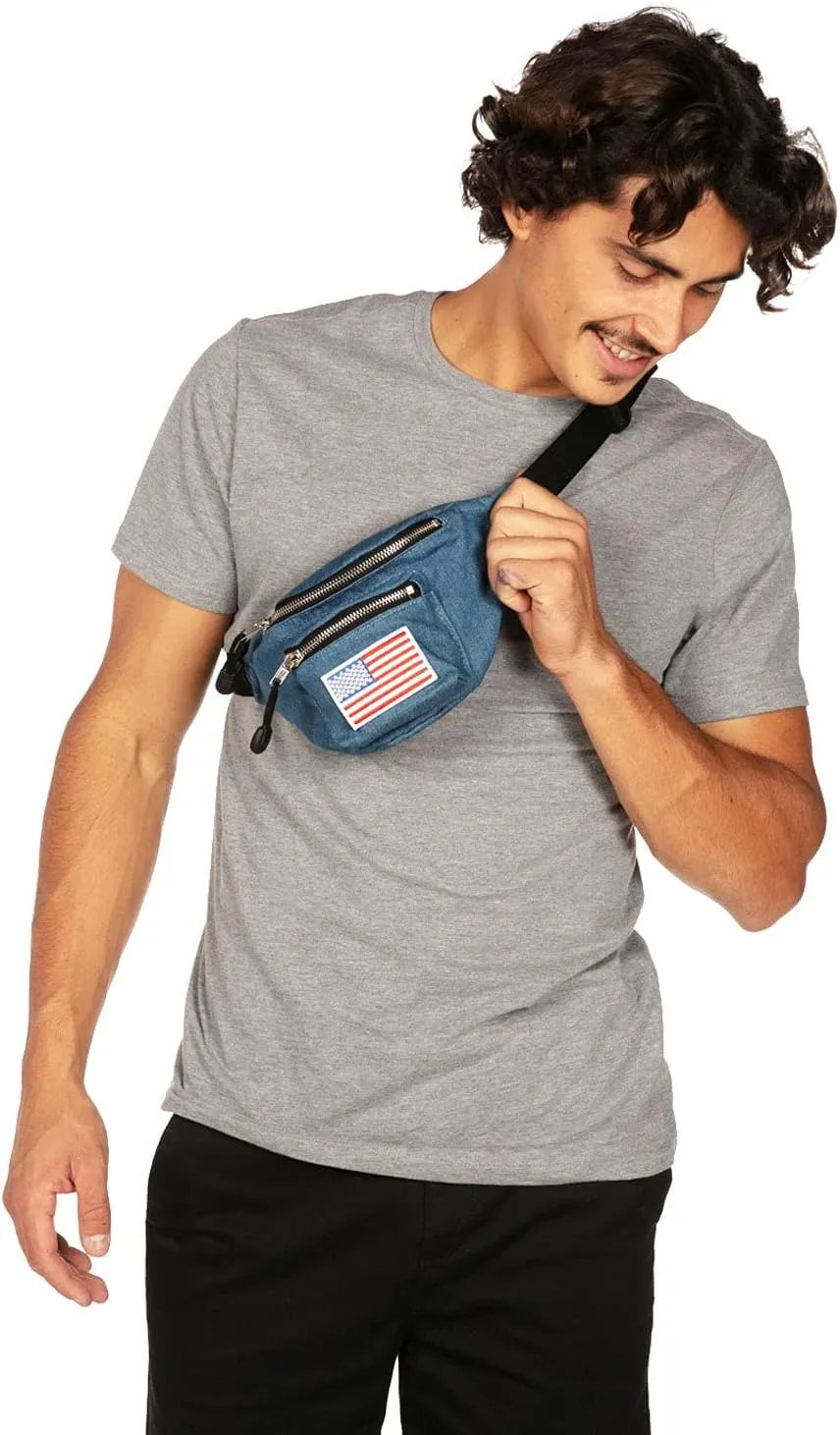 Tipsy Elves USA Patriotic Blue Jean Buckle Fanny Pack with Detachable Drink Carrier - Classic American Fanny Pack - 3 Zipper Pockets Secure Storage July 4th BBQs Beach Parties Phones Wallets (Blue)