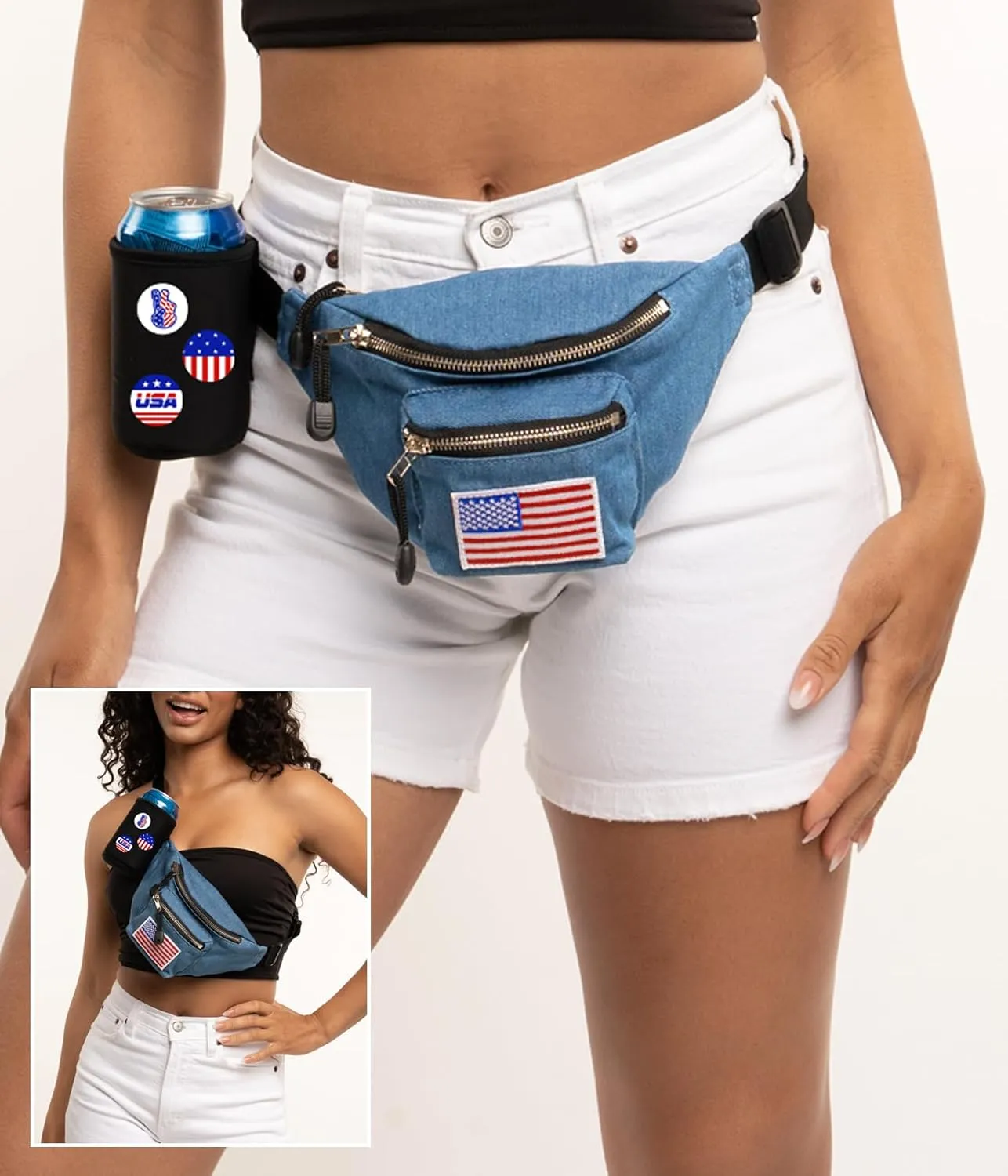 Tipsy Elves USA Patriotic Blue Jean Buckle Fanny Pack with Detachable Drink Carrier - Classic American Fanny Pack - 3 Zipper Pockets Secure Storage July 4th BBQs Beach Parties Phones Wallets (Blue)