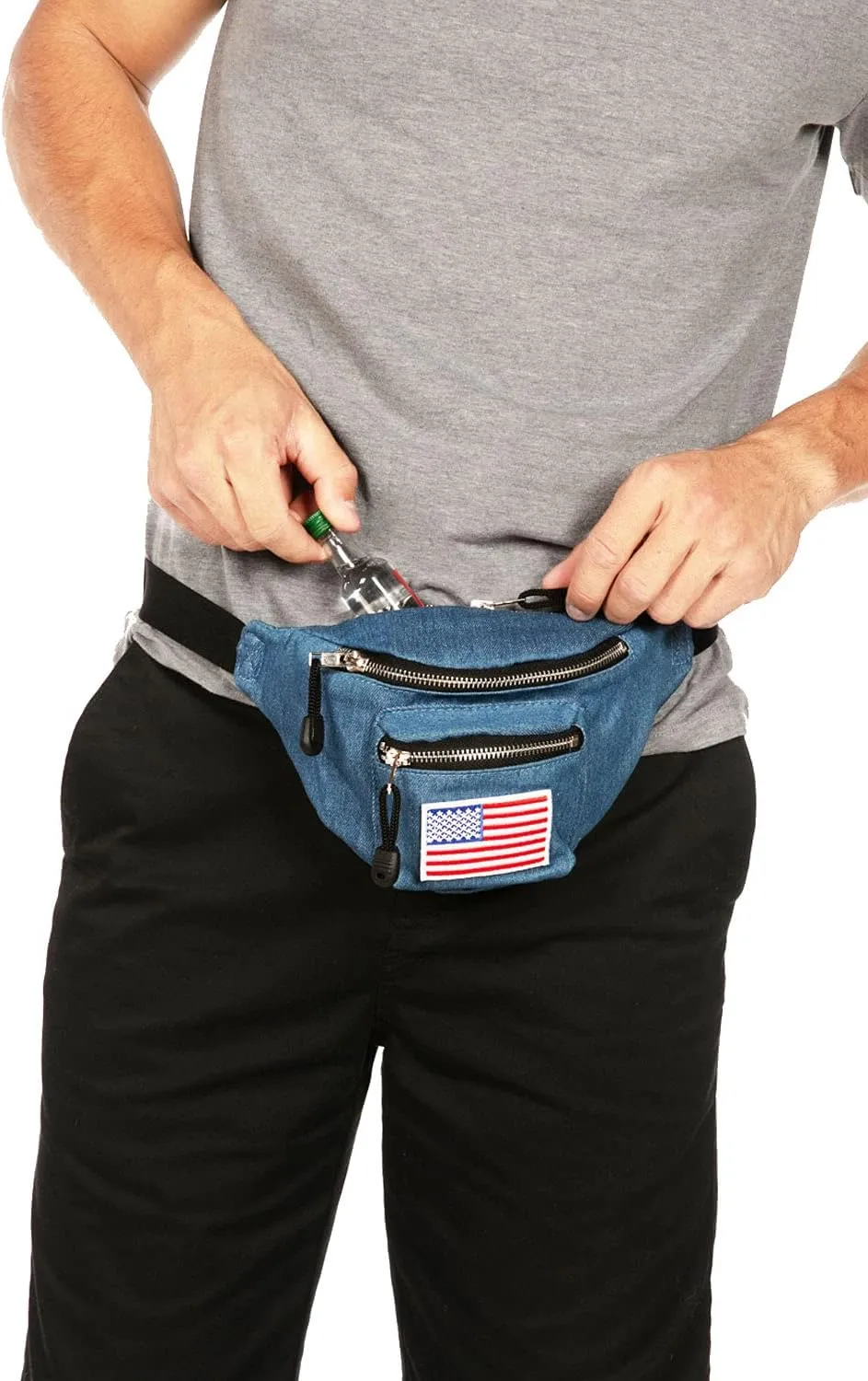 Tipsy Elves USA Patriotic Blue Jean Buckle Fanny Pack with Detachable Drink Carrier - Classic American Fanny Pack - 3 Zipper Pockets Secure Storage July 4th BBQs Beach Parties Phones Wallets (Blue)