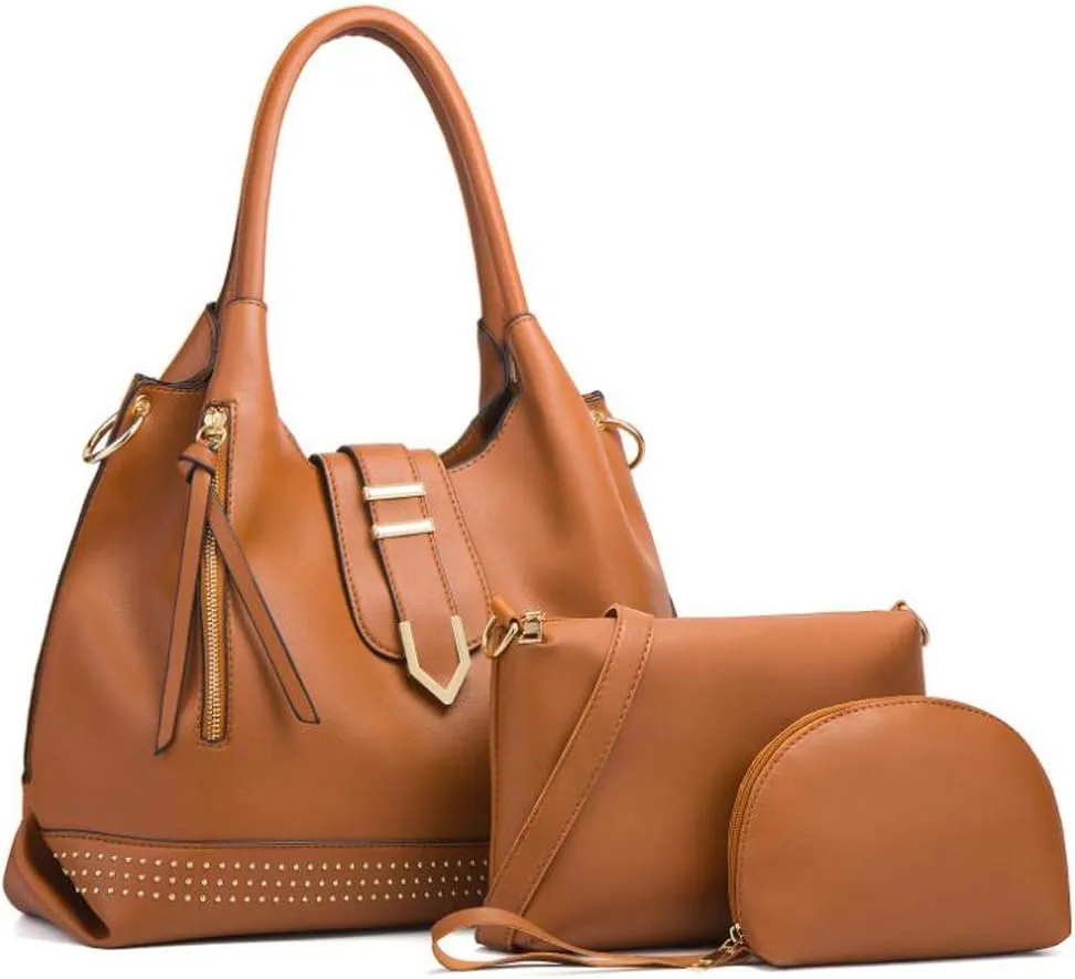 Tote Handbag for Women Pu Leather Rivets Shoulder Crossbody Bag Satchel Clutch Purses 3 Pcs Set